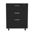 35" Black Wood Three Drawers Filing Cabinet. Filing cabinet isolated on a plain white background, finished in black wood.