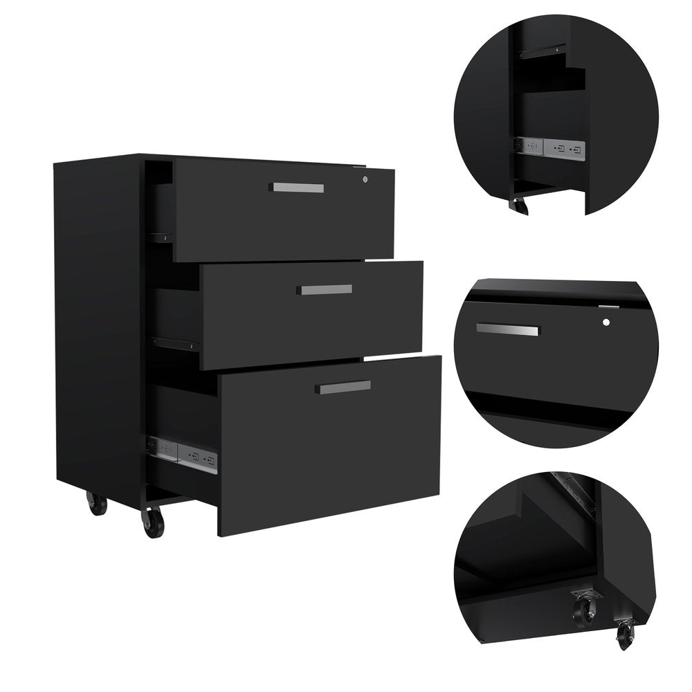 35" Black Wood Three Drawers Filing Cabinet. Filing cabinet isolated on a plain white background, finished in black wood.