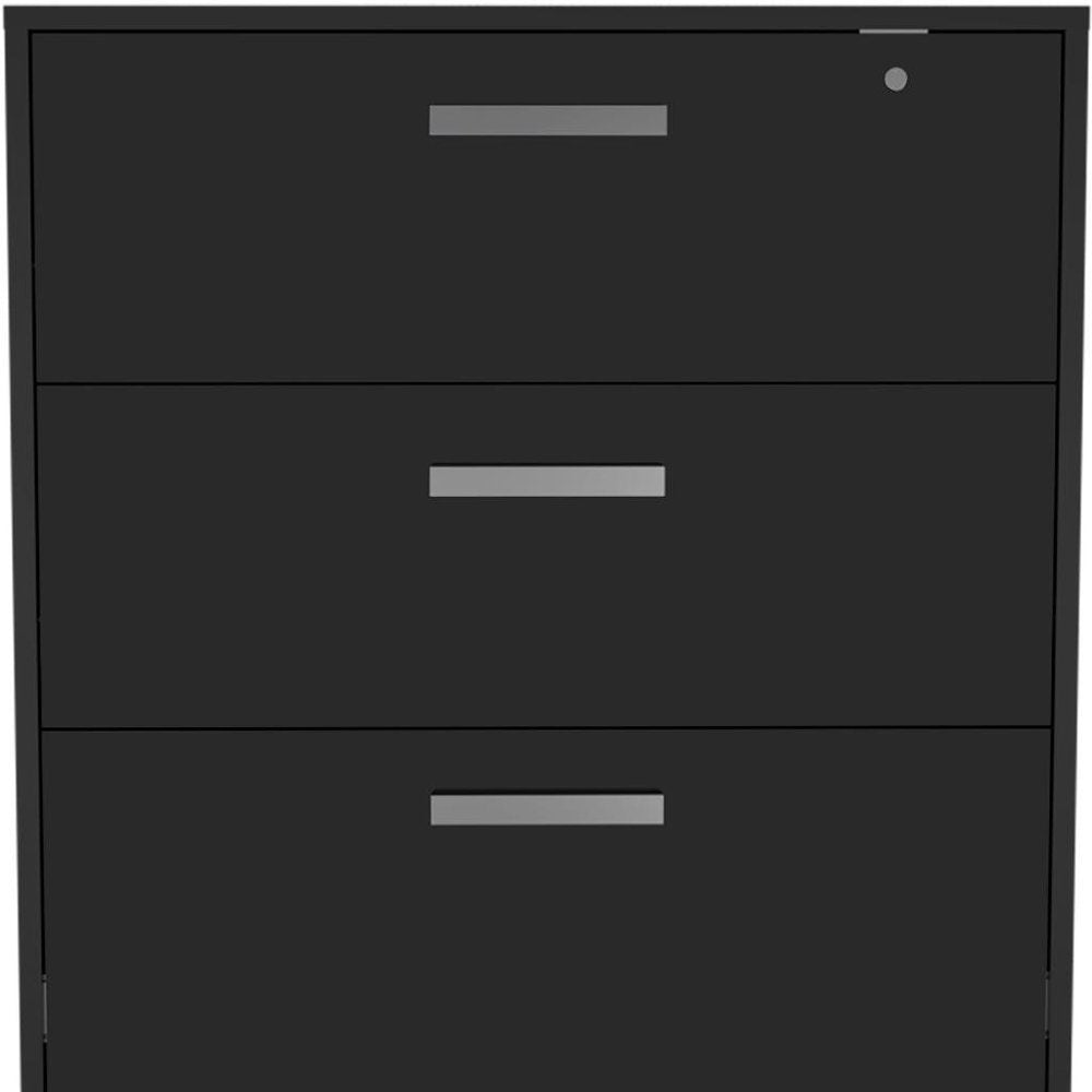 35" Black Wood Three Drawers Filing Cabinet photographed against a dark studio background in black.