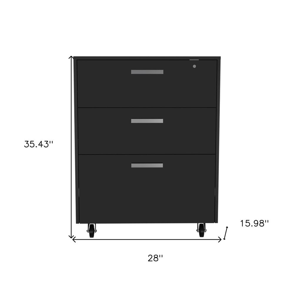 35" Black Wood Three Drawers Filing Cabinet. Filing cabinet isolated on a plain white background, showing a black wood surface.