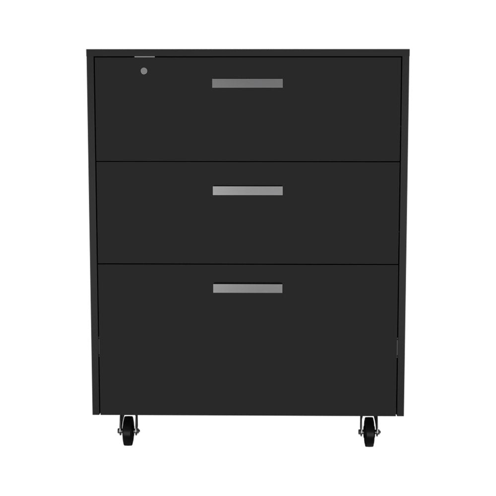 35" Black Wood Three Drawers Filing Cabinet. Filing cabinet isolated on a plain white background, in a black wood finish.
