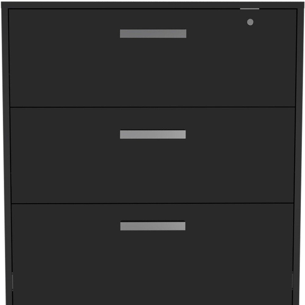 35" Black Wood Three Drawers Filing Cabinet photographed against a dark studio background in black.