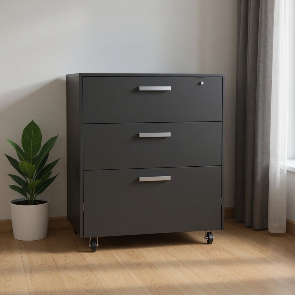 35" Black Wood Three Drawers Filing Cabinet. Filing cabinet in black wood.