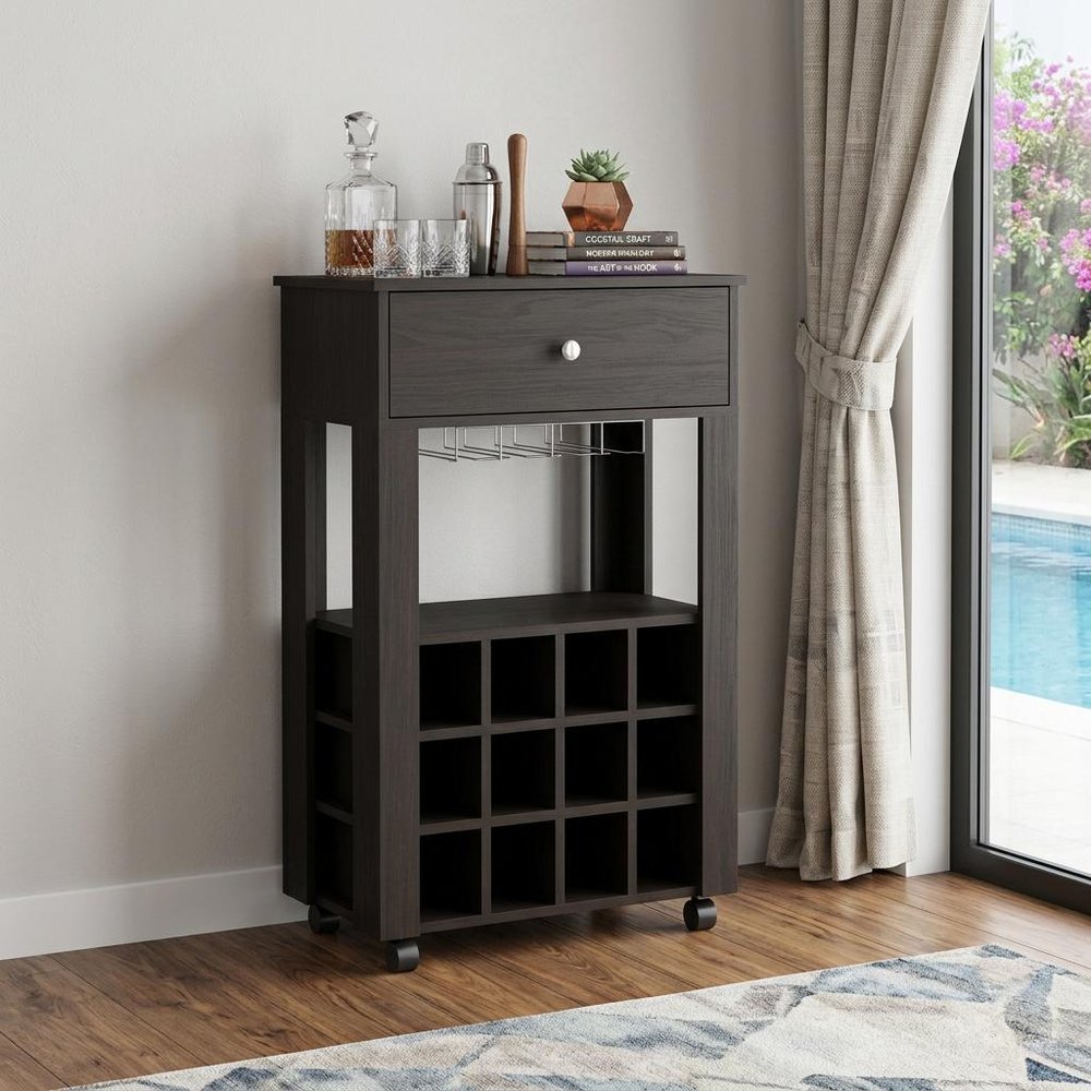 Black Rolling Bar Cart With Wine Storage - with Single Drawer and Ability to Hold Up to 12 Wine Bottles