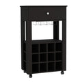 Black Rolling Bar Cart With Wine Storage - with Single Drawer and Ability to Hold Up to 12 Wine Bottles on a white background
