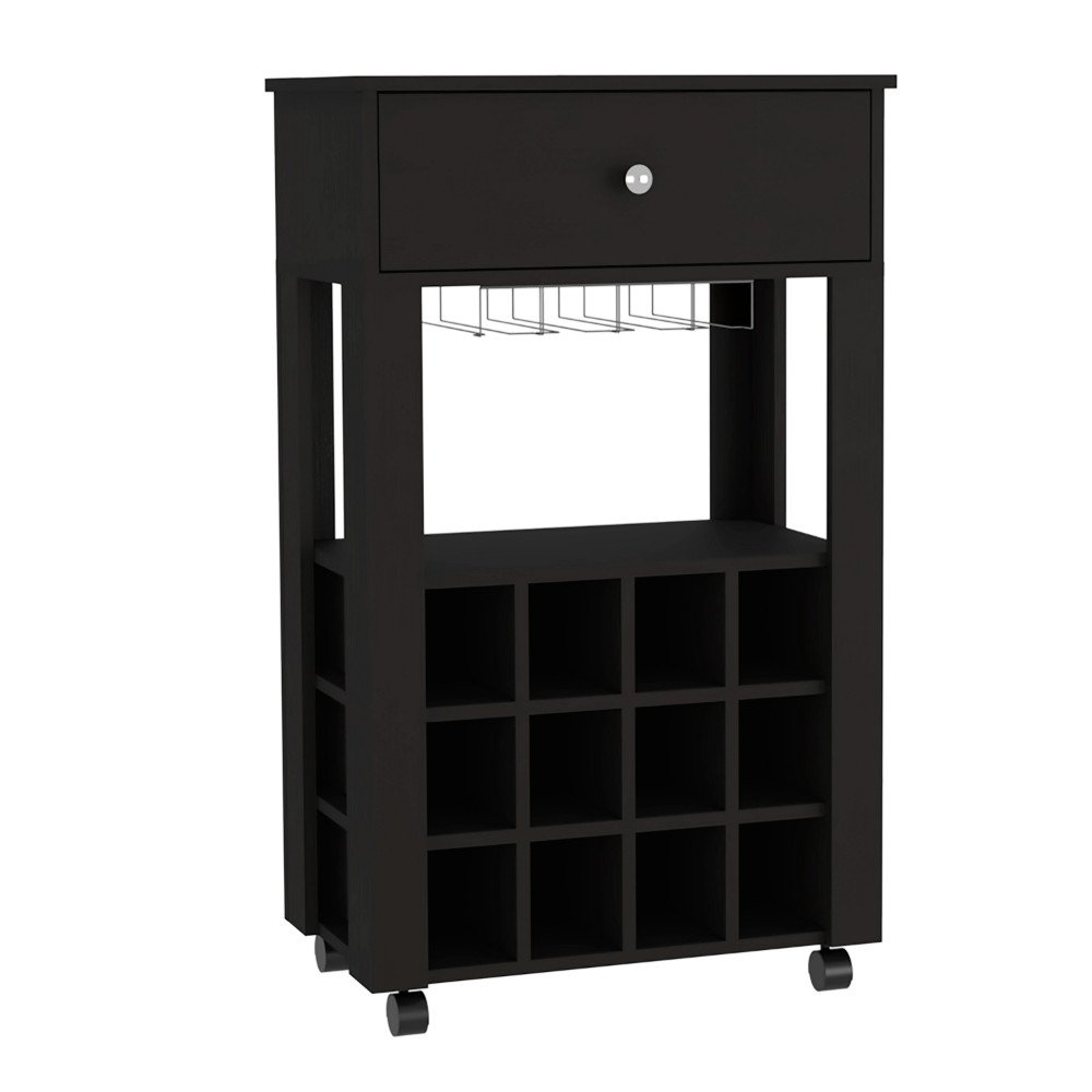 Black rolling bar cart with a drawer, wine glass rack, and 12-bottle wine cubby storage.