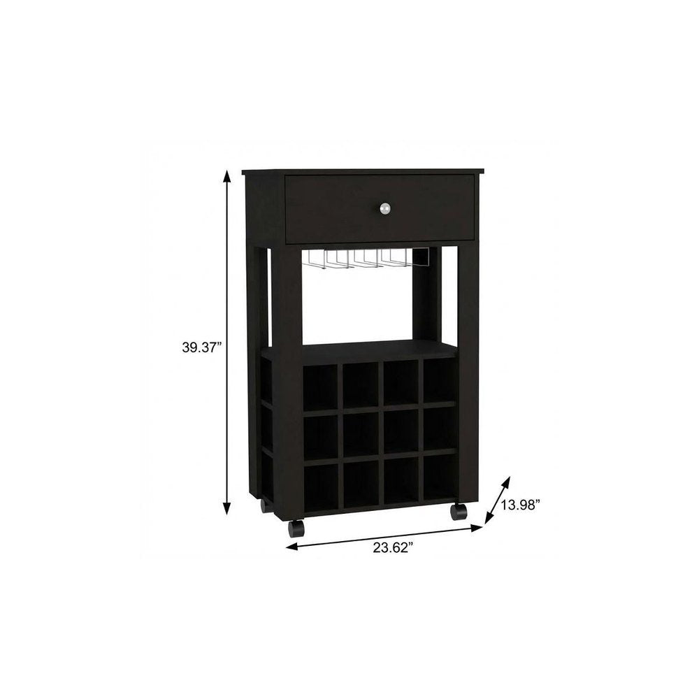 Black Rolling Bar Cart With Wine Storage - with Single Drawer and Ability to Hold Up to 12 Wine Bottles