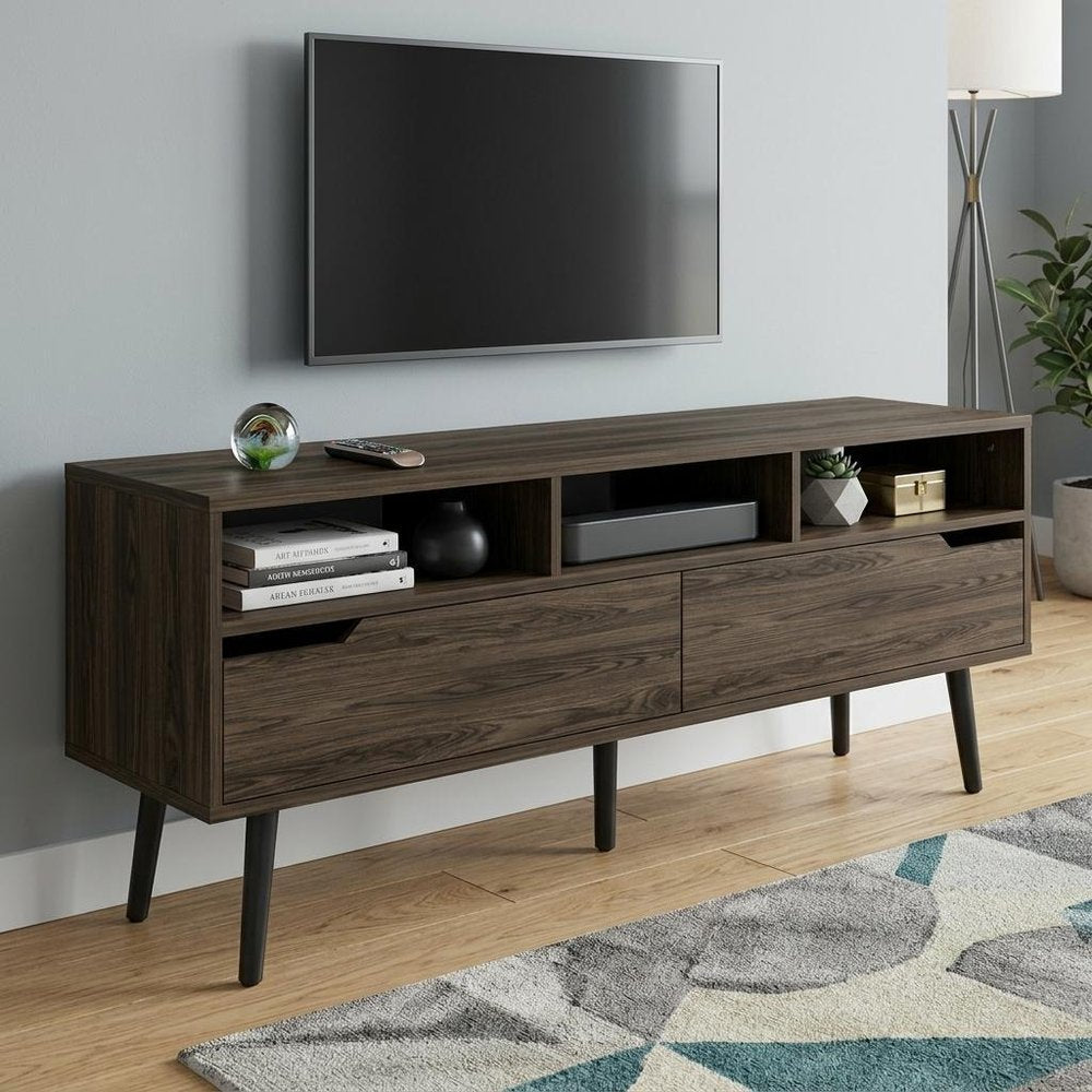 54" Dark Brown Walnut Enclosed and Open Storage TV Stand