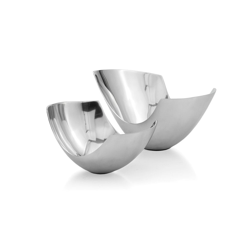 Two modern aluminum scoop centerpiece bowls on a white background.