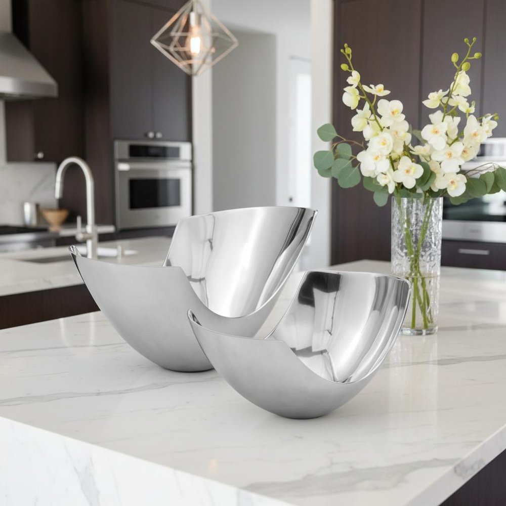 Set of Two Mod Aluminum Scoop Centerpiece Bowls