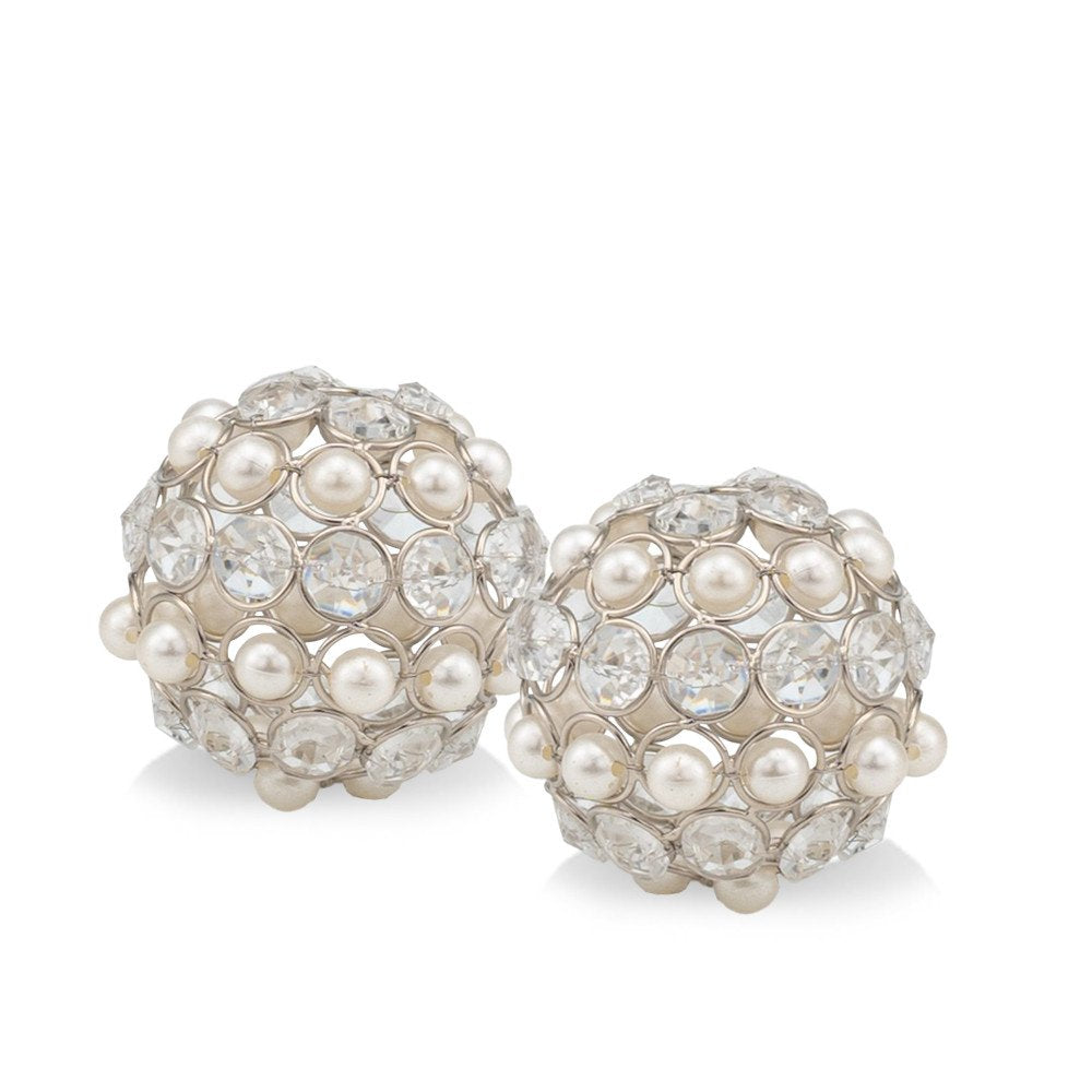 Set of Two Silver and Clear Faux Crystal and Pearl Decorative Orbs on a white background
