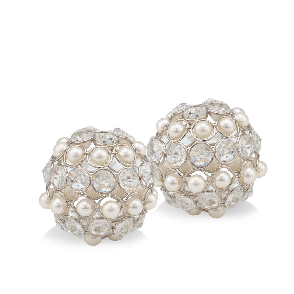 Set of Two Silver and Clear Faux Crystal and Pearl Decorative Orbs on a white background