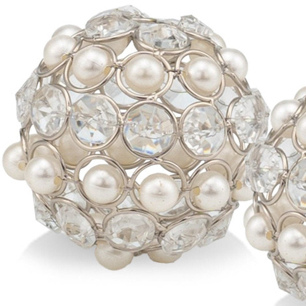 Set of Two Silver and Clear Faux Crystal and Pearl Decorative Orbs on a white background