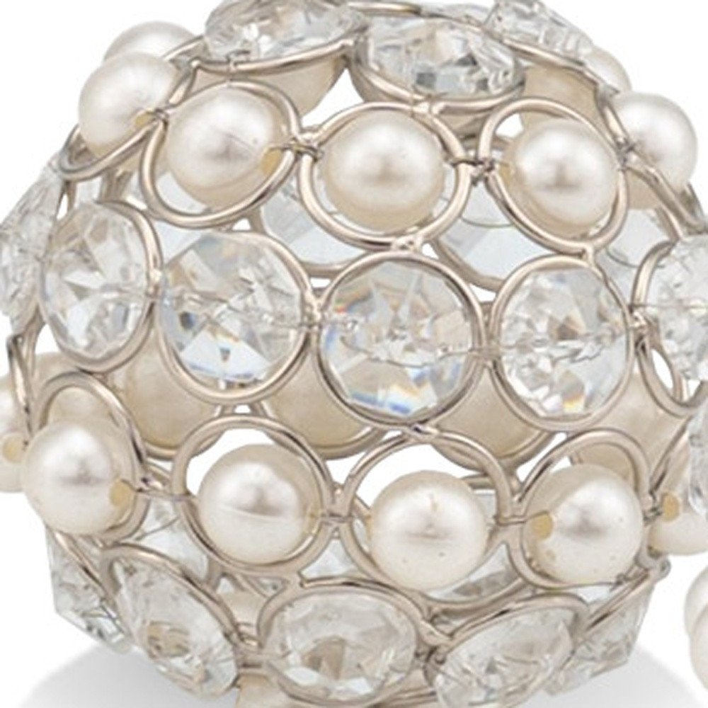 Set of Two Silver and Clear Faux Crystal and Pearl Decorative Orbs on a white background