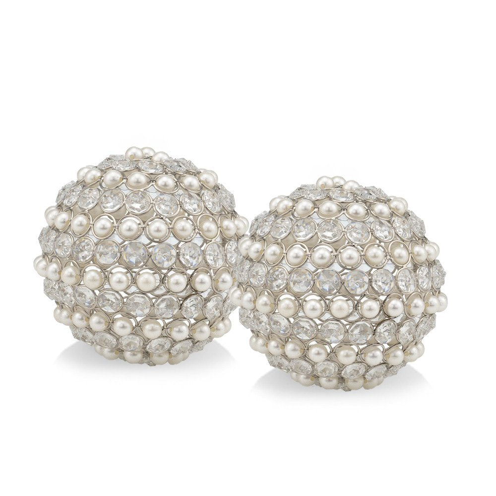 Set of Two Silver and Clear Faux Crystal and Pearl Decorative Orbs