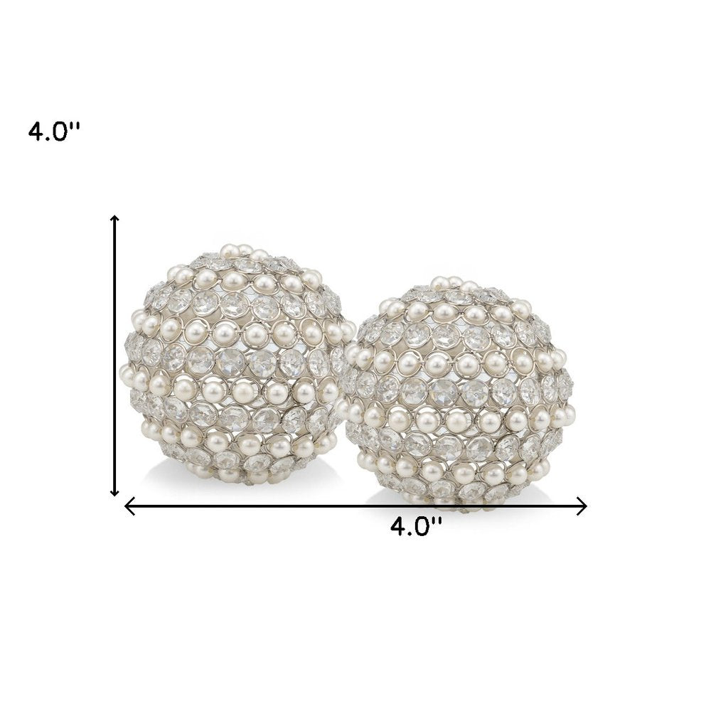 Set of Two Silver and Clear Faux Crystal and Pearl Decorative Orbs