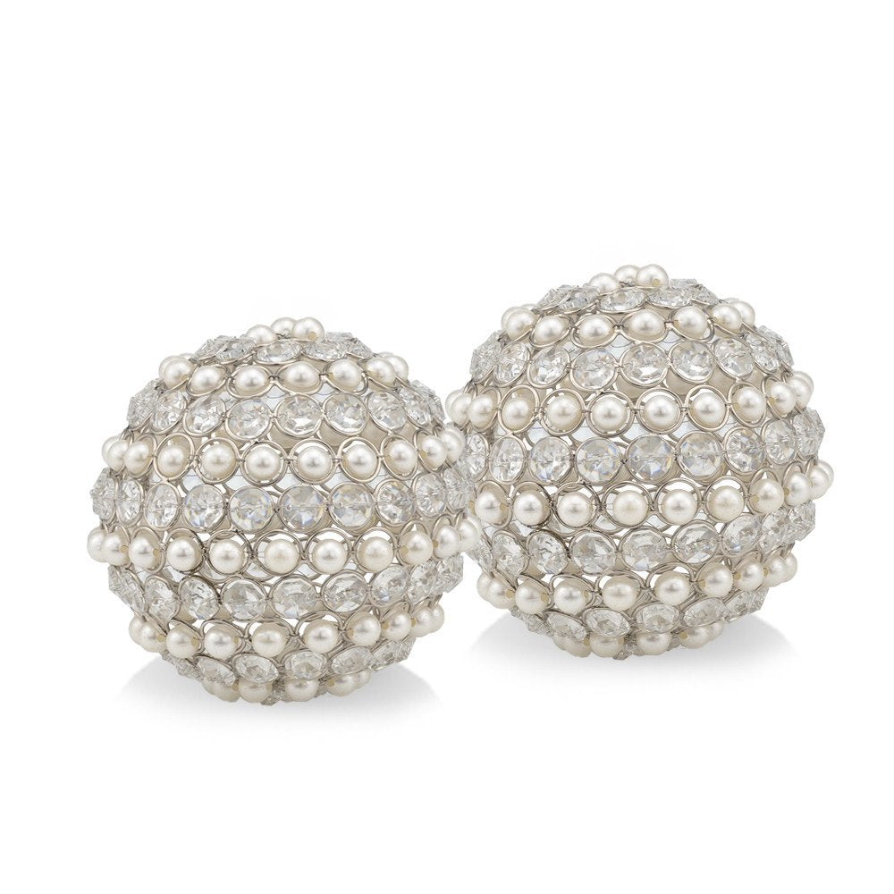 Set of Two Silver and Clear Faux Crystal and Pearl Decorative Orbs