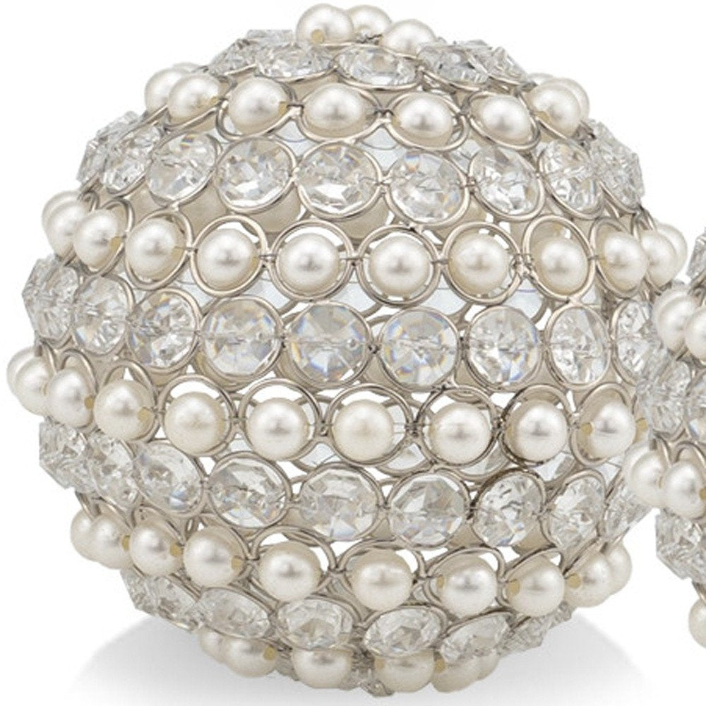 Set of Two Silver and Clear Faux Crystal and Pearl Decorative Orbs