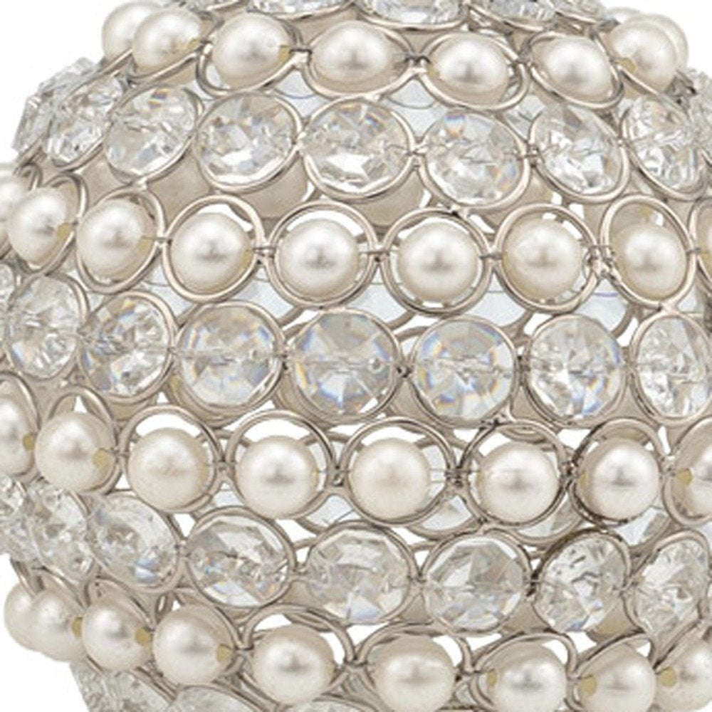 Set of Two Silver and Clear Faux Crystal and Pearl Decorative Orbs
