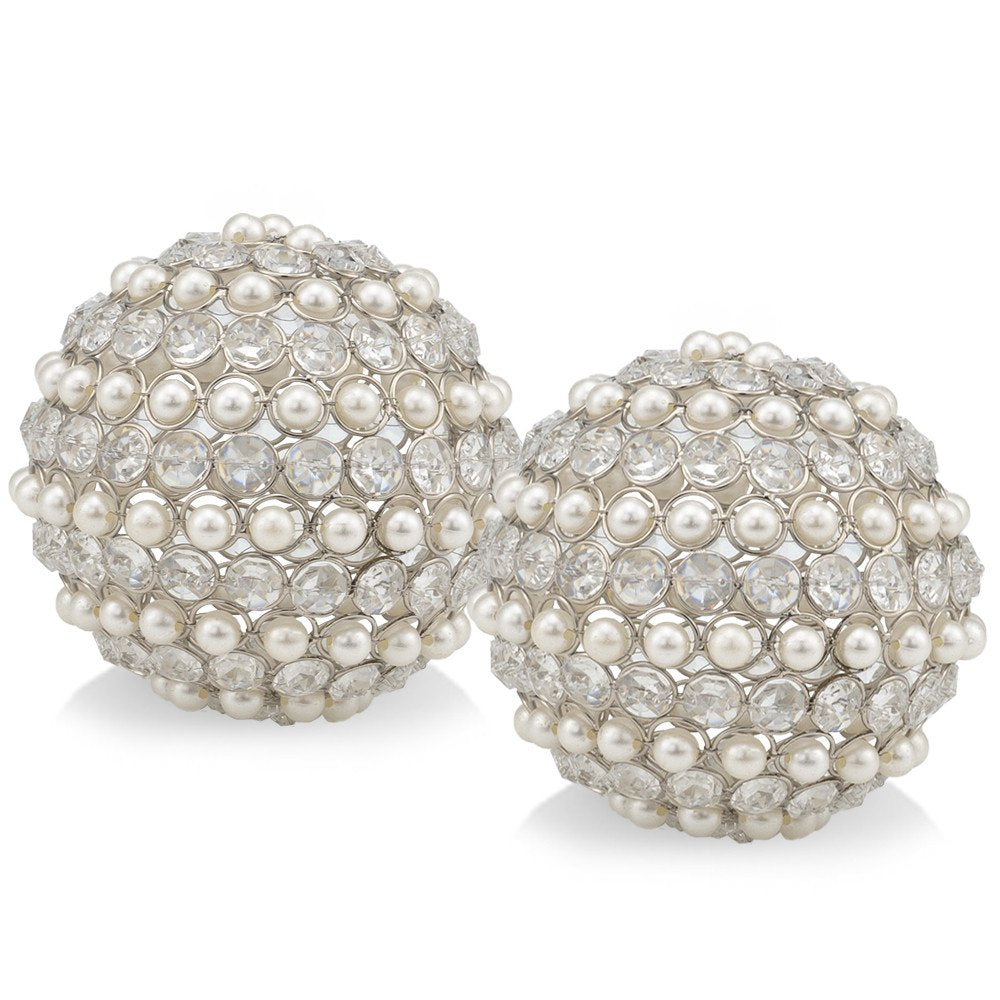 Set of Two Silver and Clear Faux Crystal and Pearl Decorative Orbs