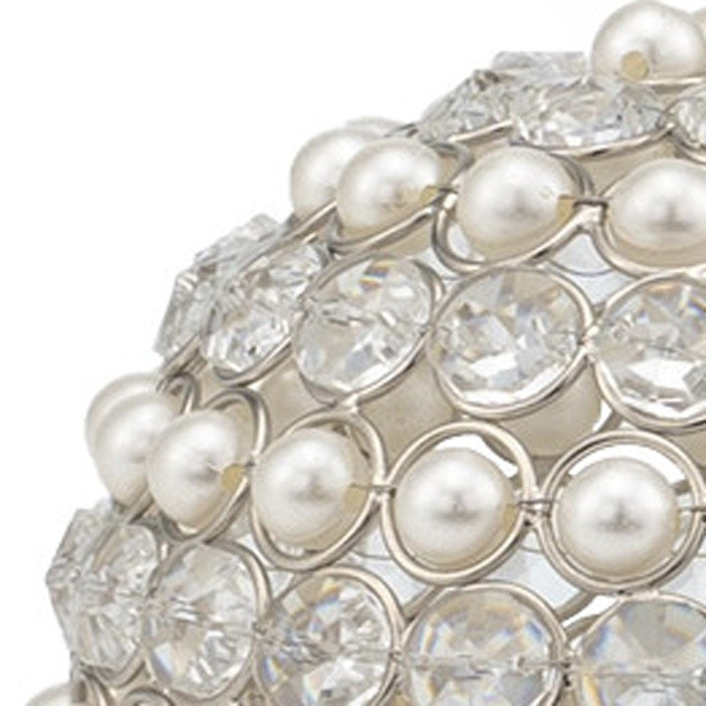 Set of Two Silver and Clear Faux Crystal and Pearl Decorative Orbs on a white background