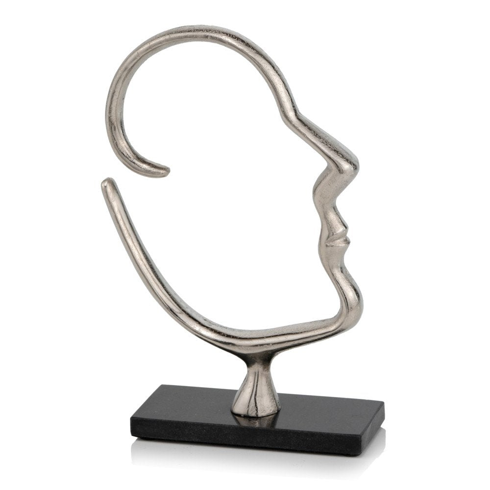 12" Black and Silver Marble and Aluminum Tabletop Sculpture. Sculpture isolated on a plain white background, in a silver metal finish.