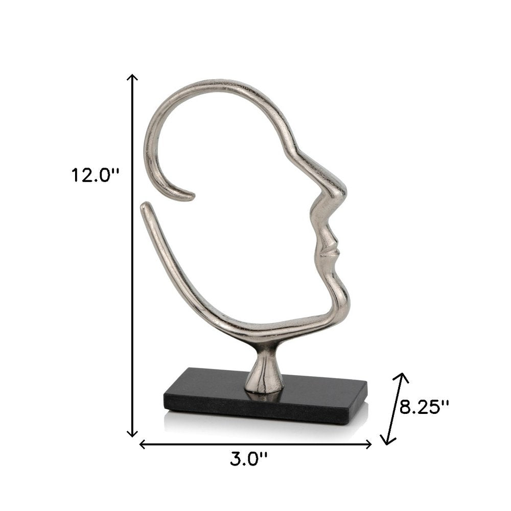 12" Black and Silver Marble and Aluminum Tabletop Sculpture. Sculpture isolated on a plain white background, showing a silver metal surface.