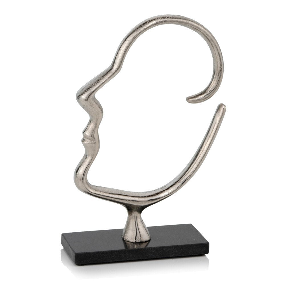 12" Black and Silver Marble and Aluminum Tabletop Sculpture. Sculpture isolated on a plain white background, finished in silver metal.