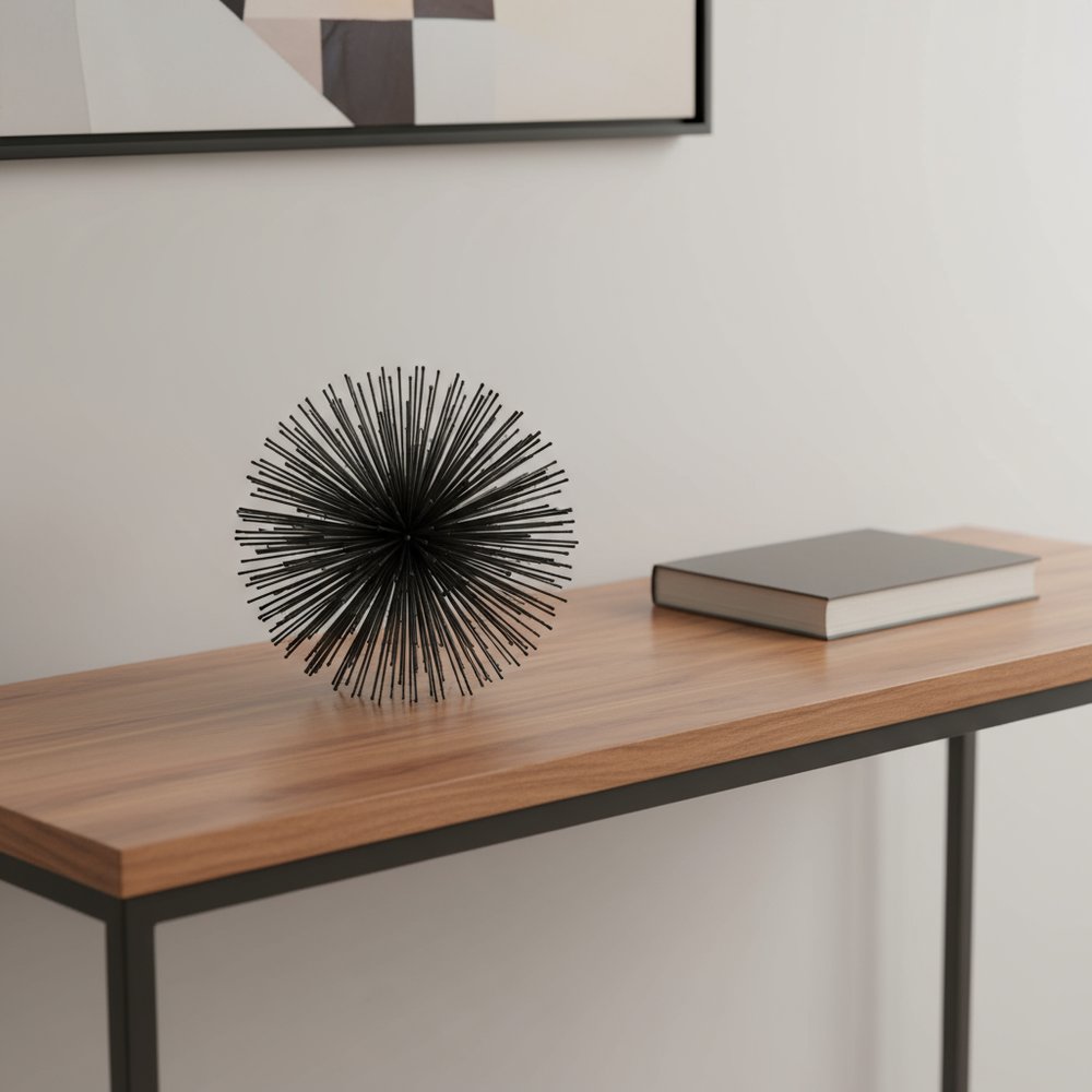 8" Black Iron Decorative Orb Tabletop Sculpture in a home interior