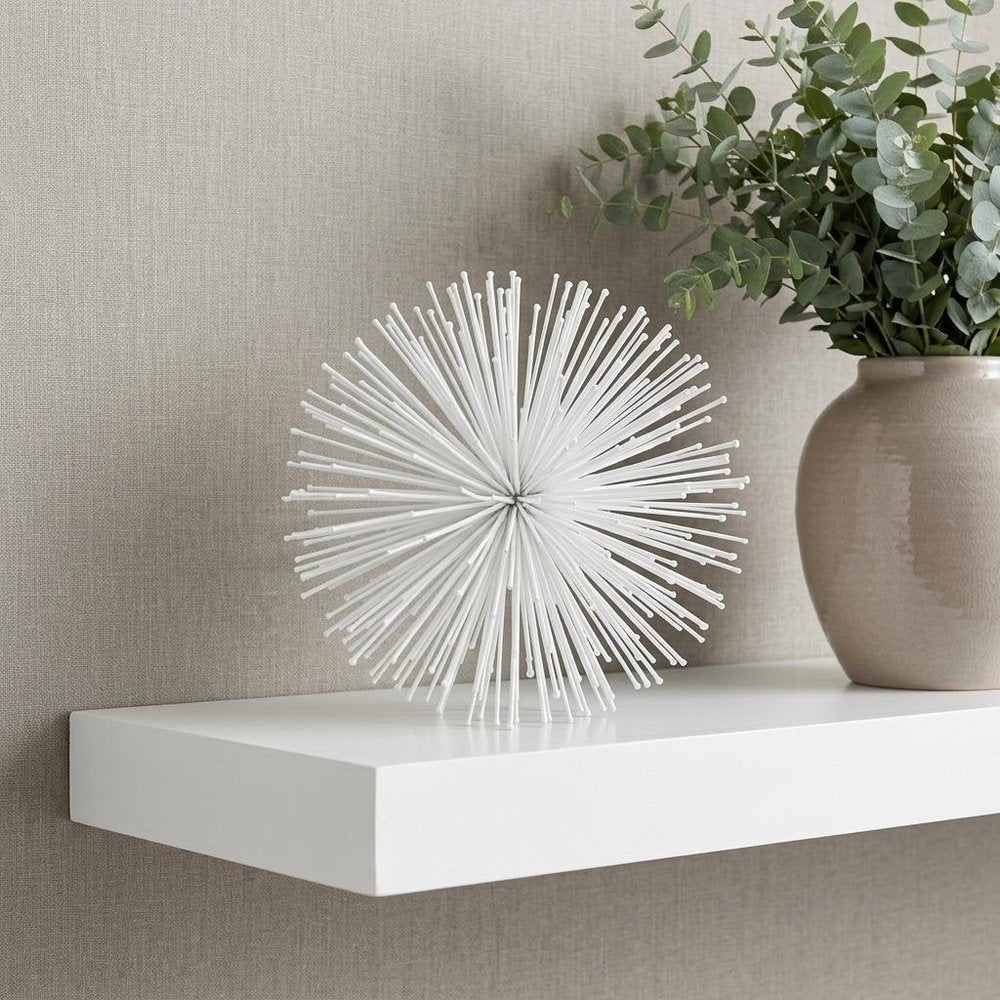 Set of Two White Iron Decorative Spiky Sphere Tabletop Sculpture