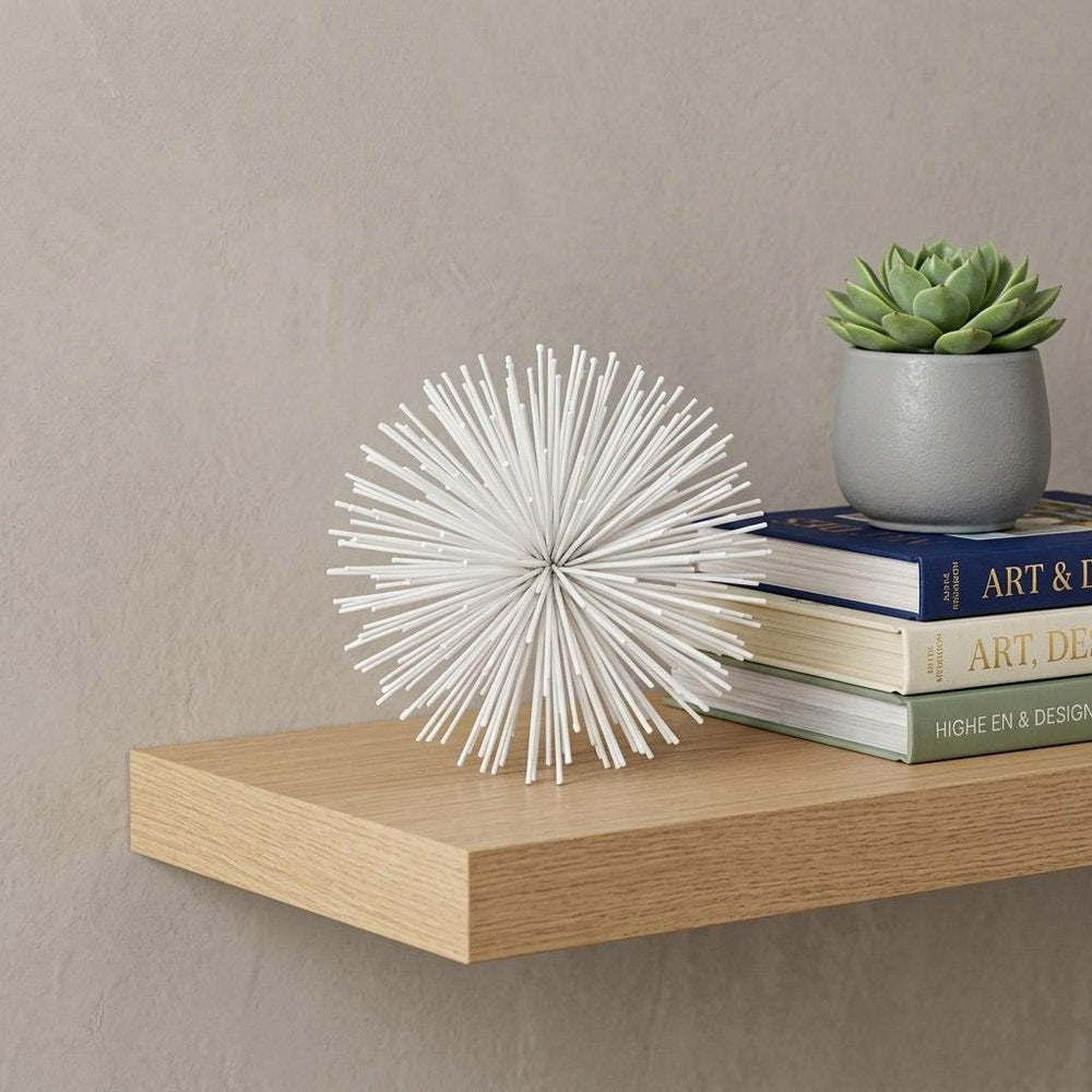 Set of Two White Iron Decorative Spiky Sphere Tabletop Sculpture