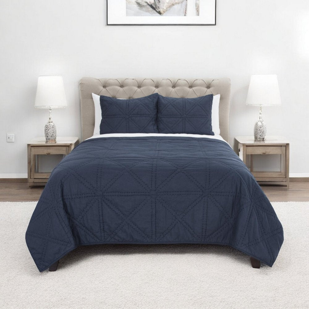 Indigo Geometric Queen Quilt - SKU 480065 on a white background