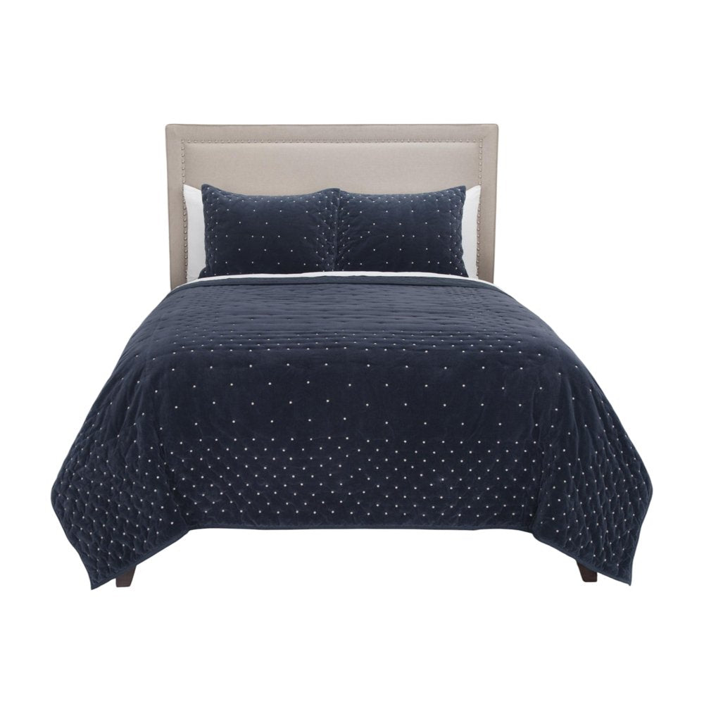 Indigo Polka Dots Queen Quilt on a white background
