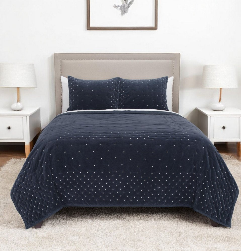 Indigo Polka Dots Queen Quilt on a white background