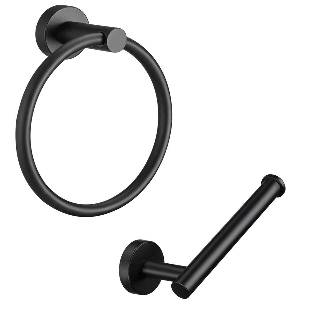 Black stainless steel wall mount towel ring and toilet paper holder set on a white background.