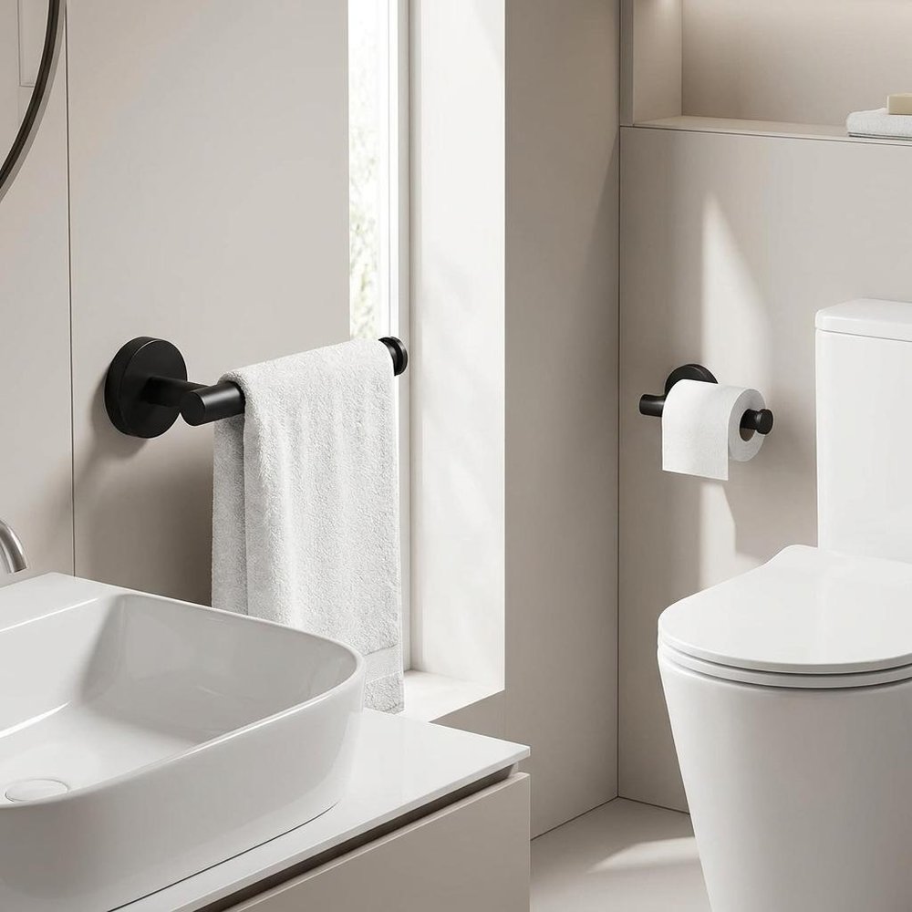 Set of Two Black Stainless Steel Wall Mount Towel Ring and Toilet Paper Holder