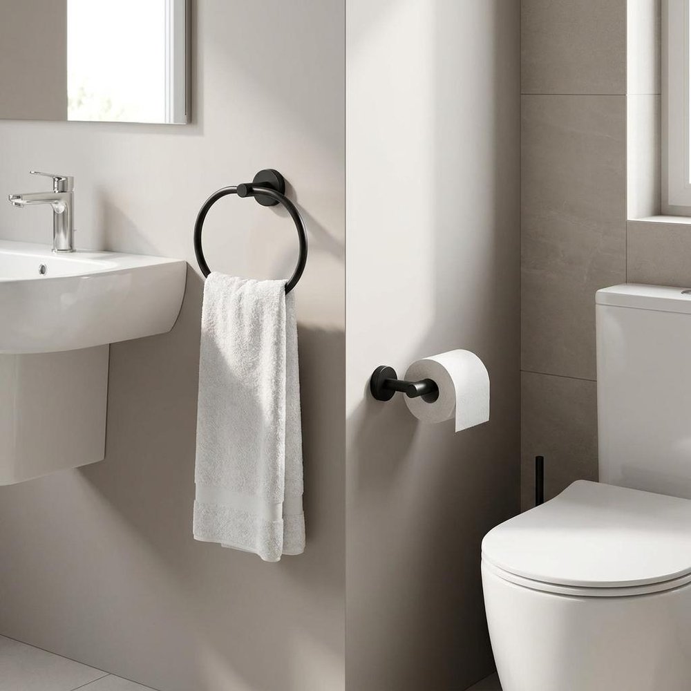 Set of Two Black Stainless Steel Wall Mount Towel Ring and Toilet Paper Holder close-up detail