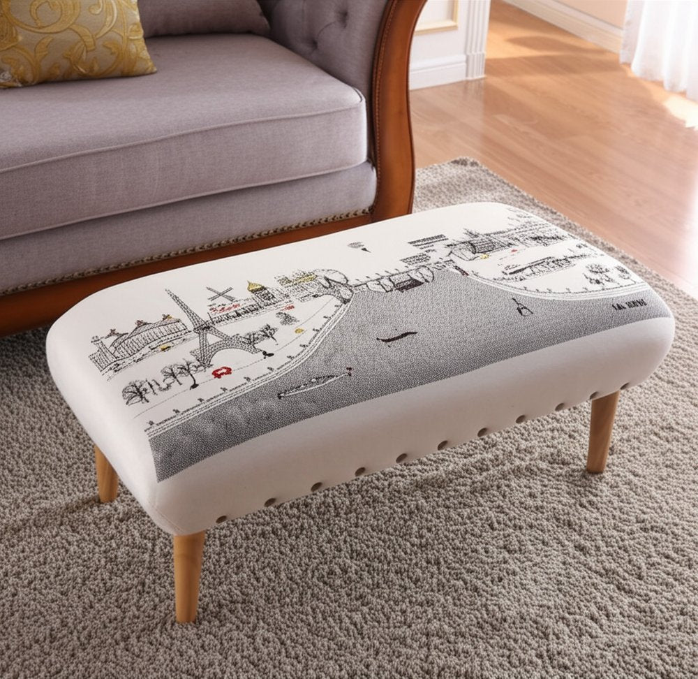 38" Cream Wool And Brown Ottoman - SKU 480538 styled in a furnished interior with a tan wall on a wood floor.