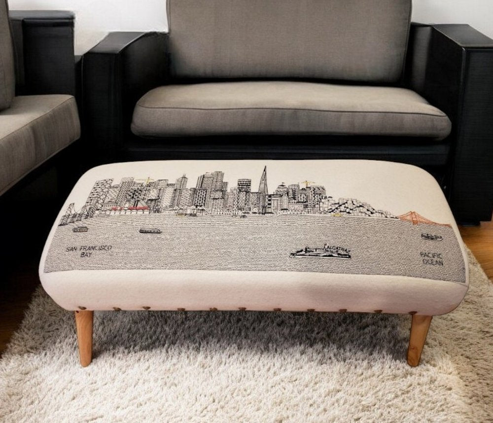 38" Cream Wool and Brown Ottoman - SKU 480540