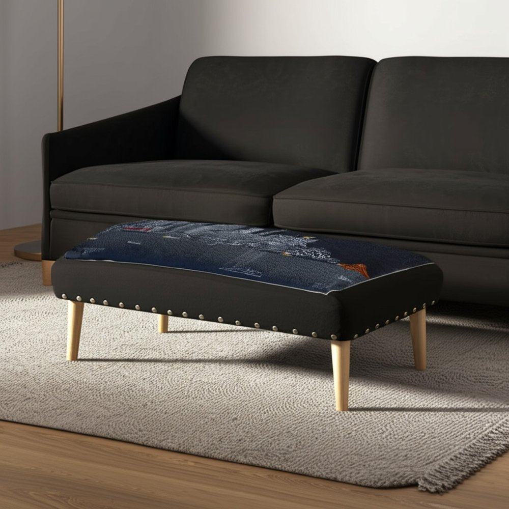 38" Gray Wool and Brown Ottoman - SKU 480541 styled in a furnished interior with a gray wall on a dark wood floor.