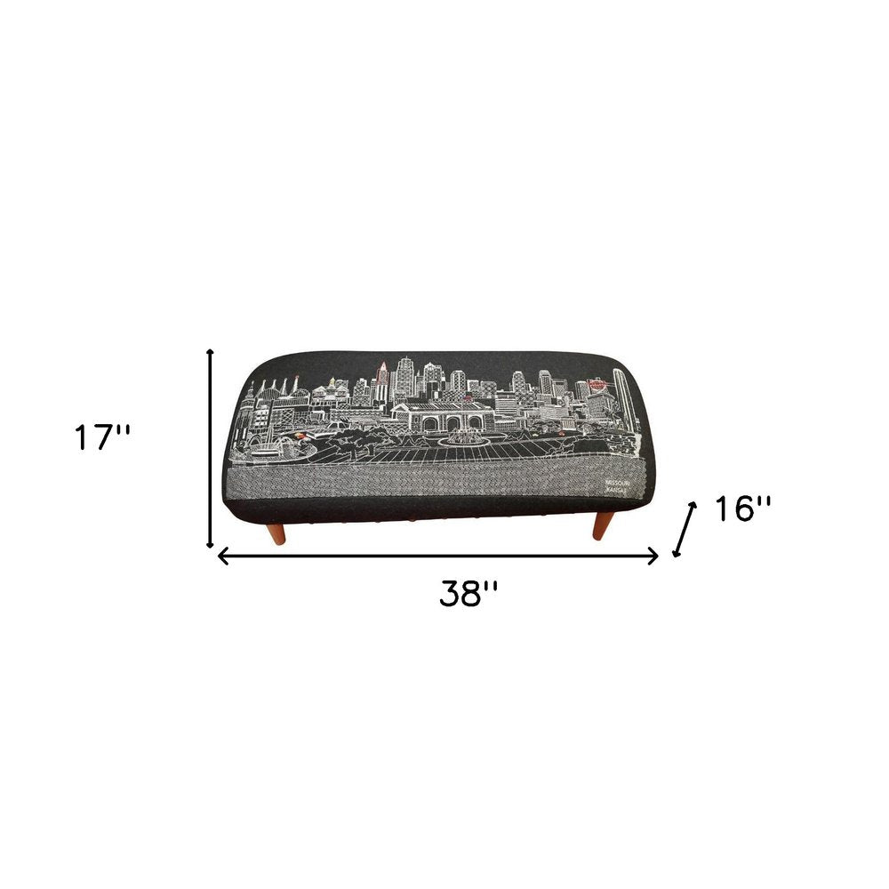 38" Black Wool and Brown Ottoman. Ottoman isolated on a plain white background, in a black wool finish.