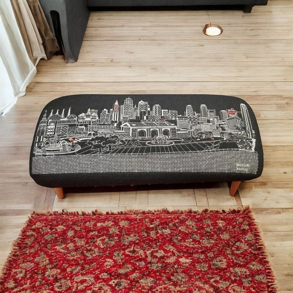 38" Black Wool and Brown Ottoman. Ottoman in brown wool.