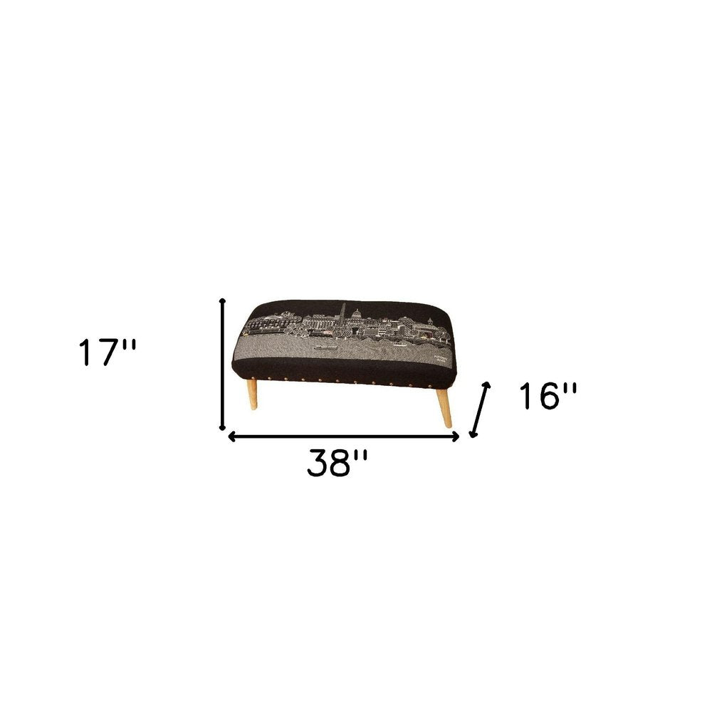 38" Gray Wool and Brown Ottoman - with Sturdy Brown Legs