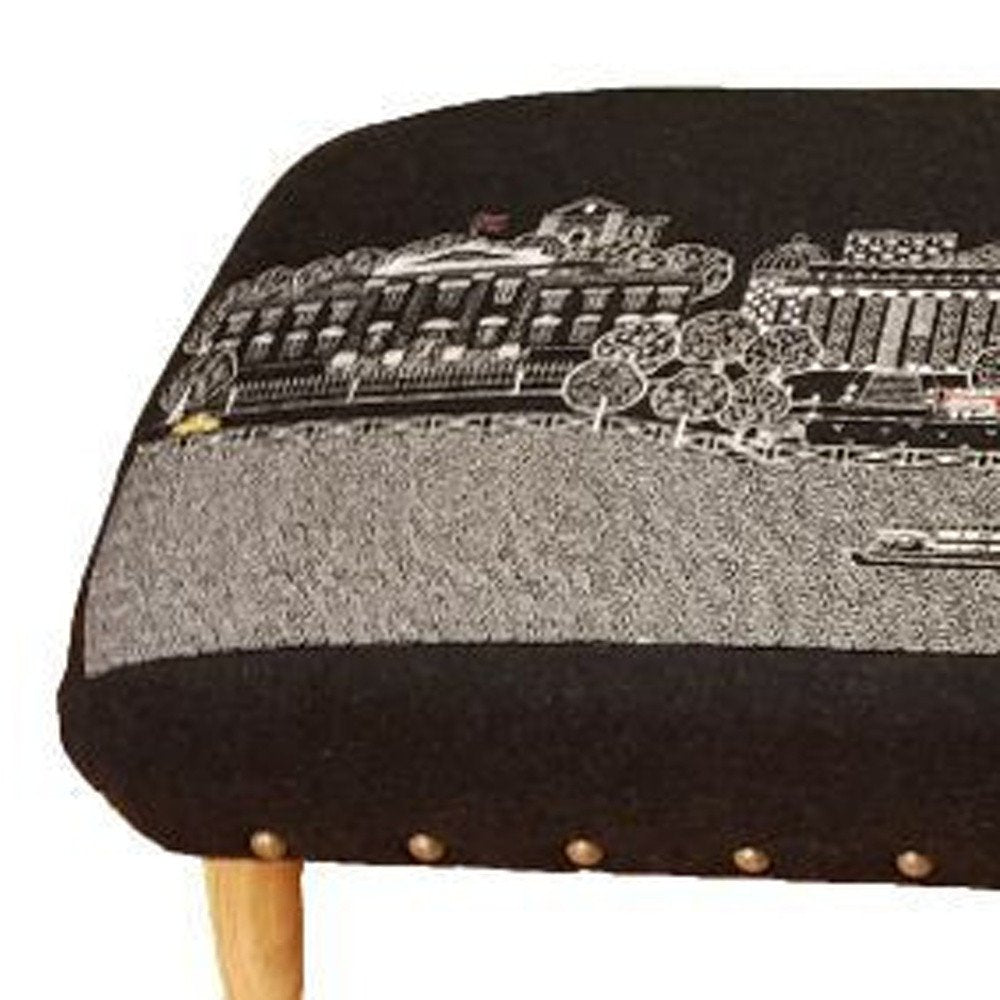 38" Gray Wool and Brown Ottoman - with Sturdy Brown Legs