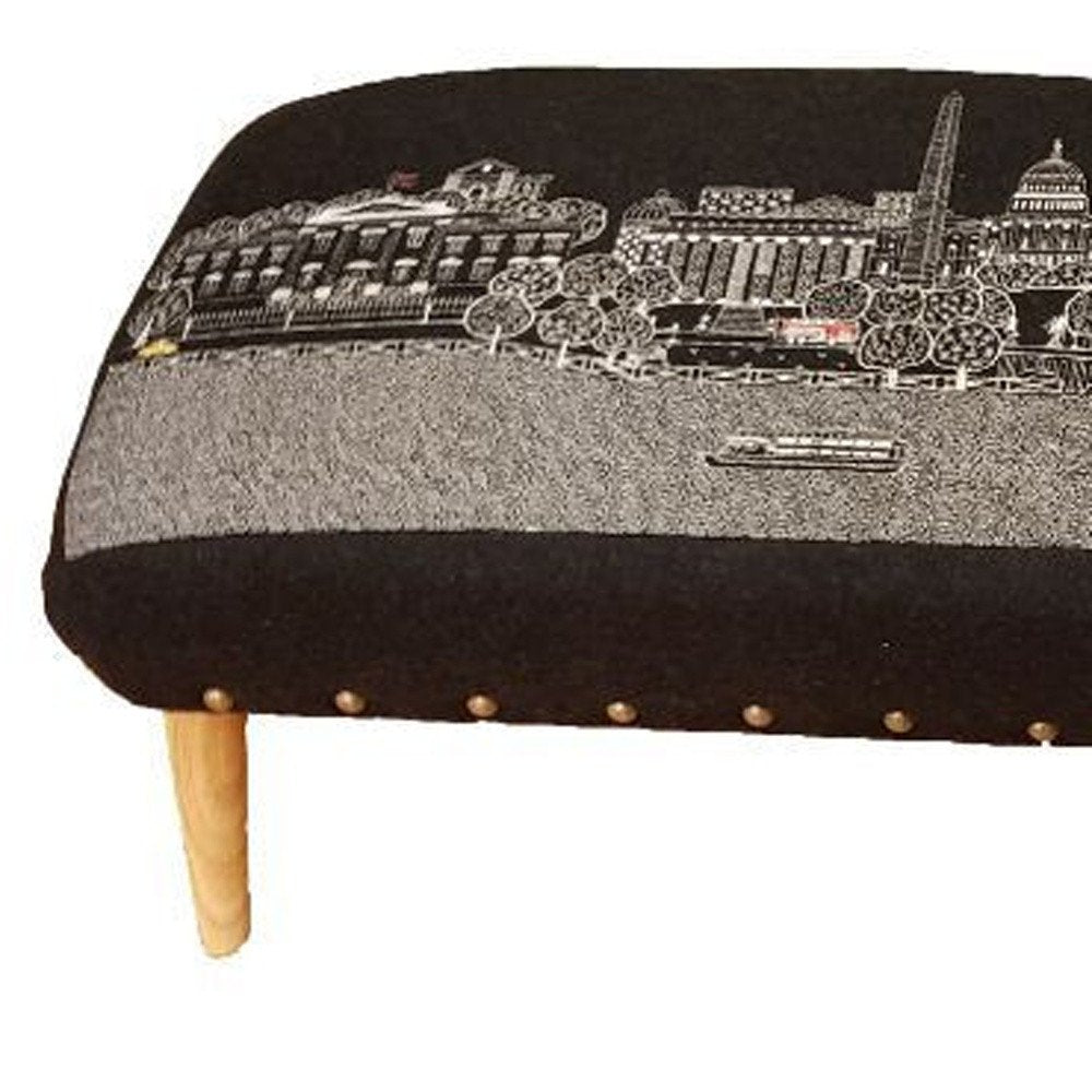 38" Gray Wool and Brown Ottoman - with Sturdy Brown Legs