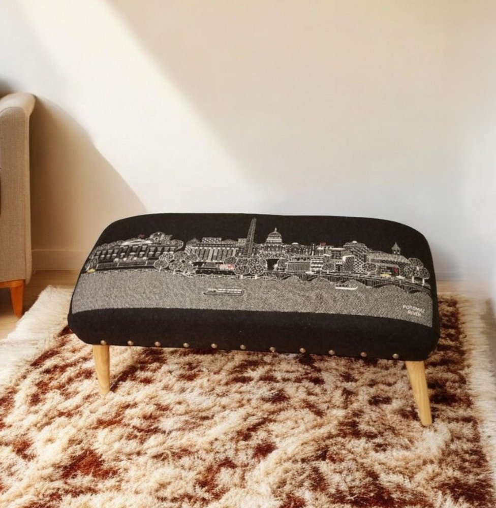 38" Gray Wool and Brown Ottoman - with Sturdy Brown Legs