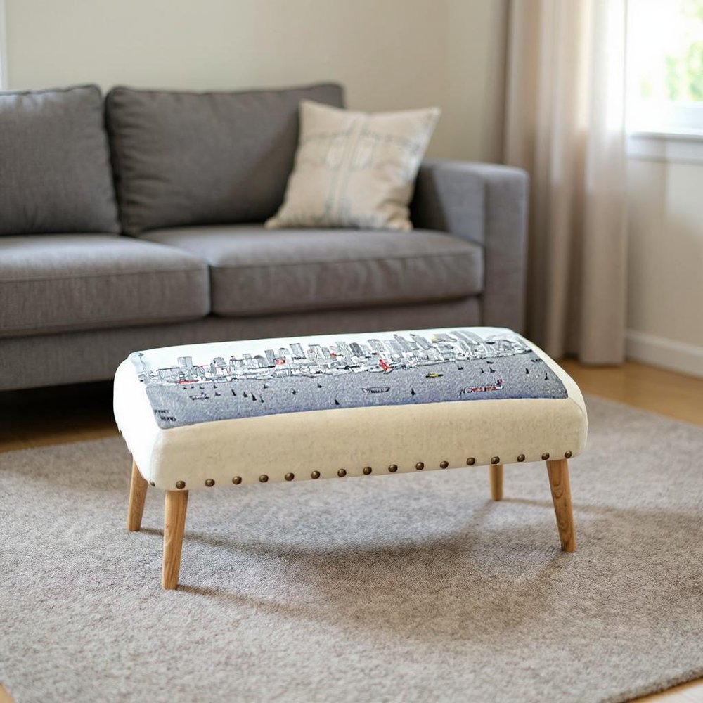 38" Cream Wool and Brown Ottoman - SKU 480550