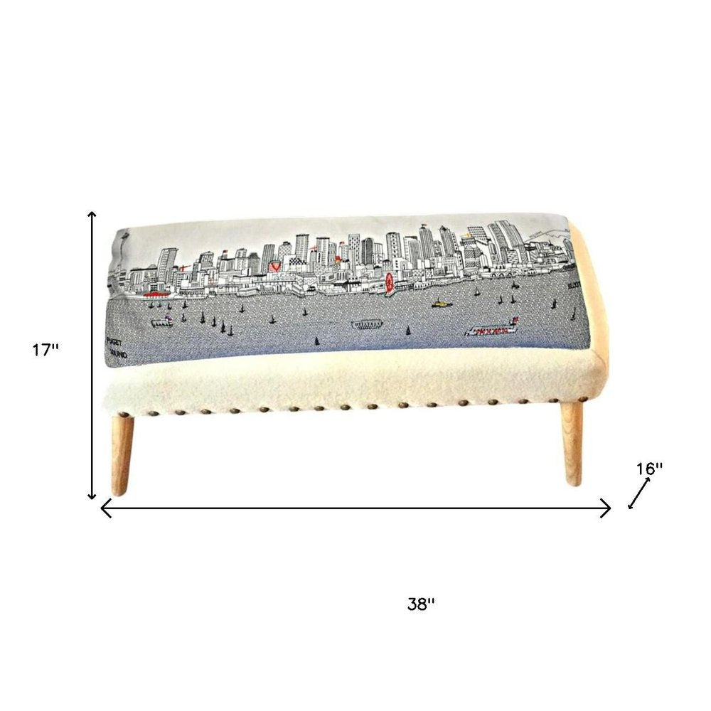 38" Cream Wool and Brown Ottoman - SKU 480550