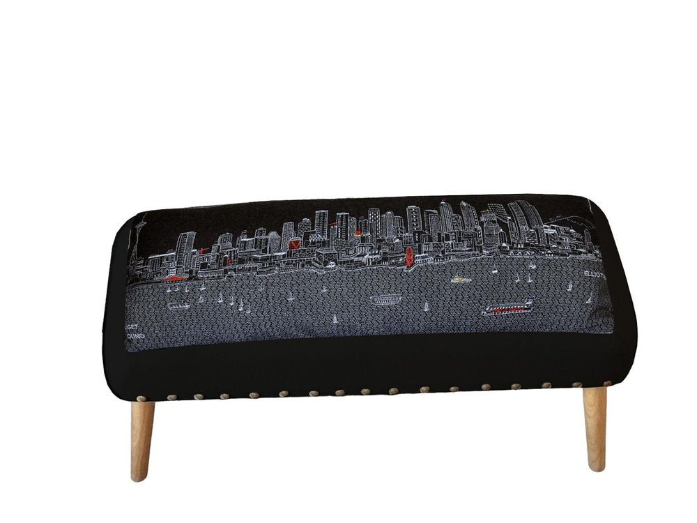 38" Gray Wool and Brown Ottoman - SKU 480551. Ottoman isolated on a plain white background, in a gray wool finish.