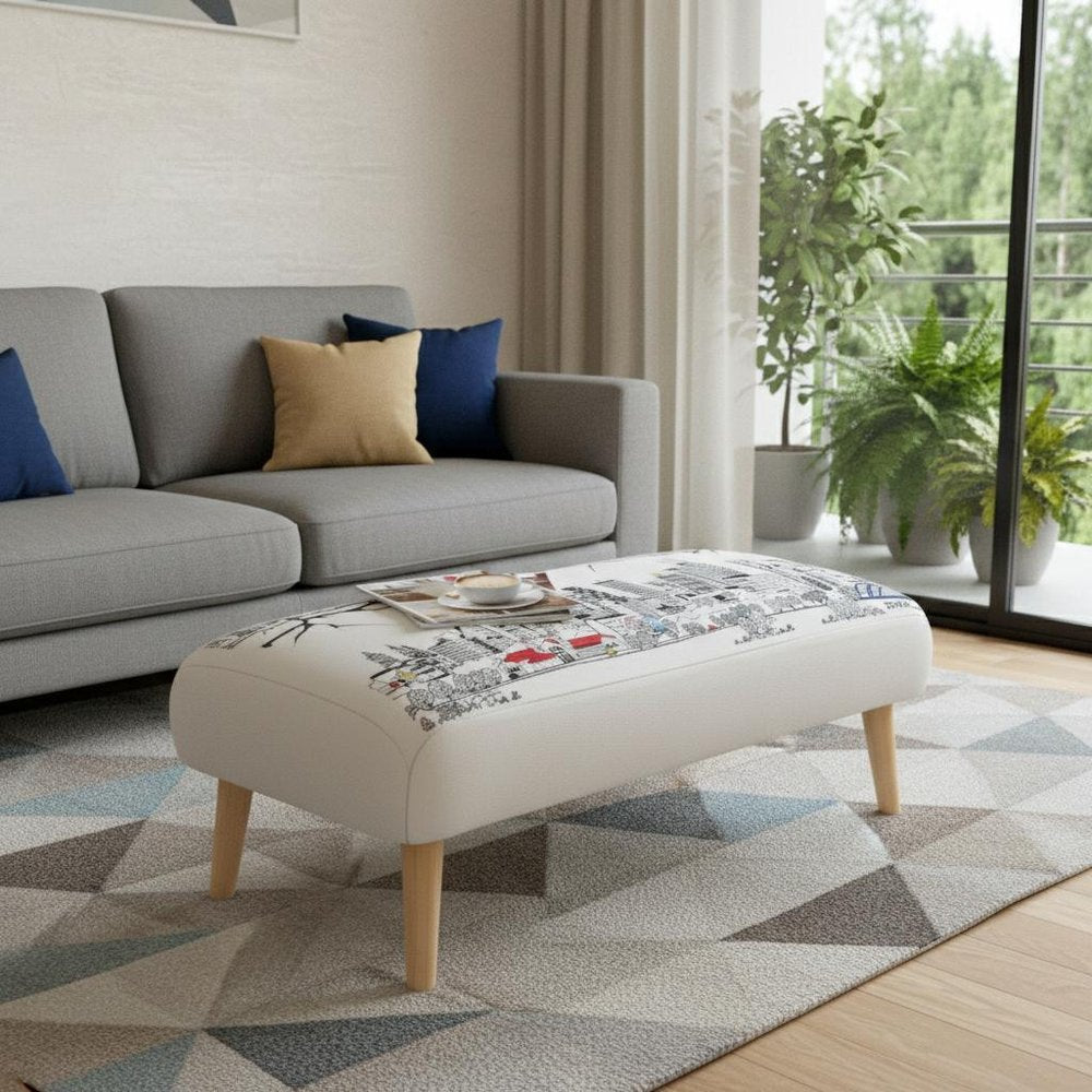 38" Cream Wool and Brown Ottoman - SKU 480553 styled in a furnished interior with a light gray wall on a tiled floor.